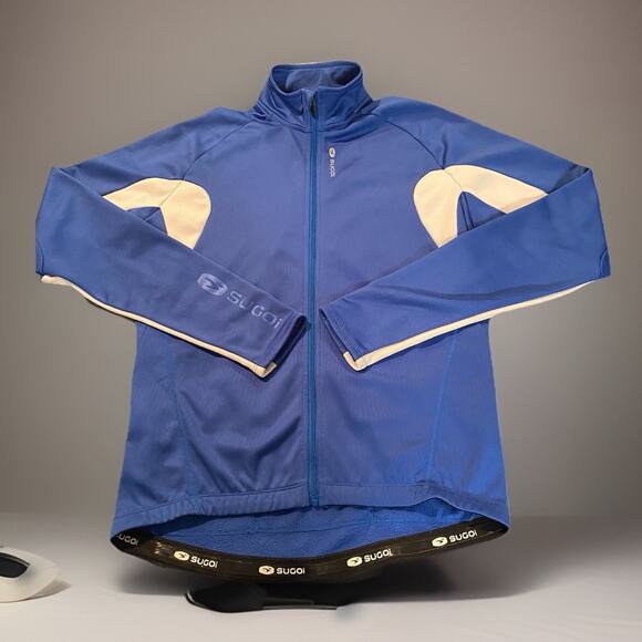 SUGOI “Hotshot Jersey” Men's Cycling Jacket EUC Blue White Zip 3 Pockets Size M